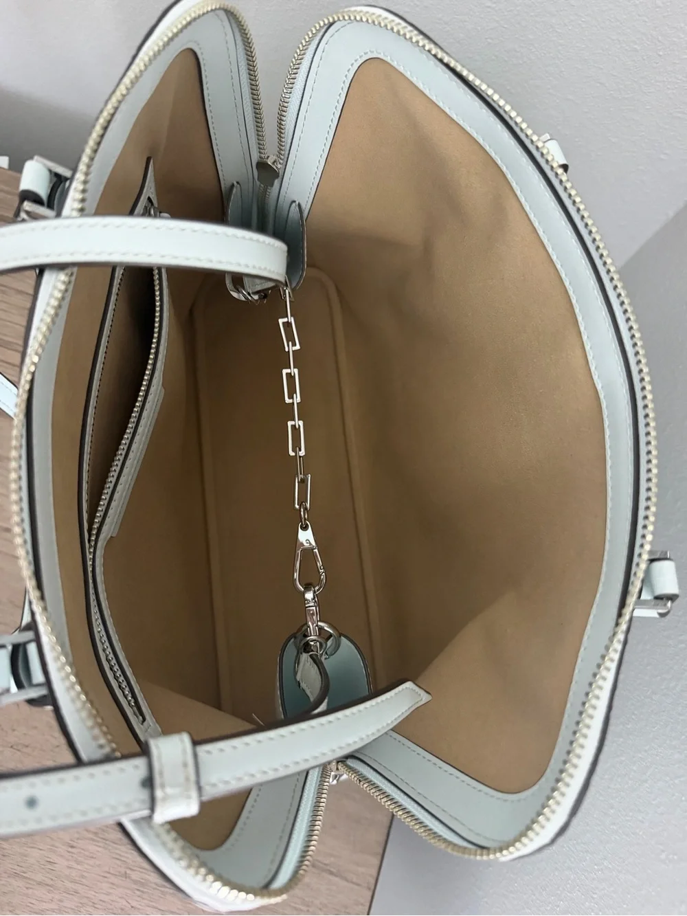 NWOT Tory Burch T Monogram Ice Blue Leather Satchel Logo Charm